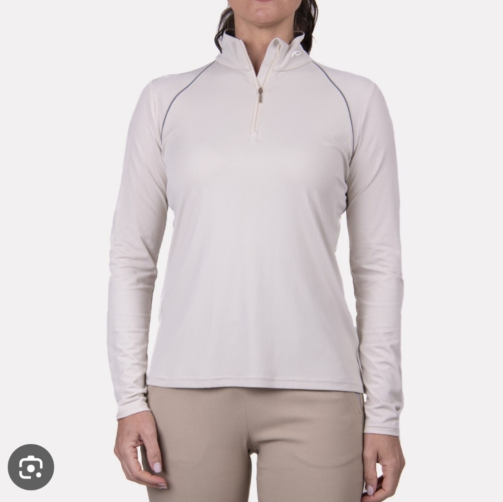 NWT KJUS Women's Sunshine Print Half-Zip Golf Pullover Top Pink White Dot Size L